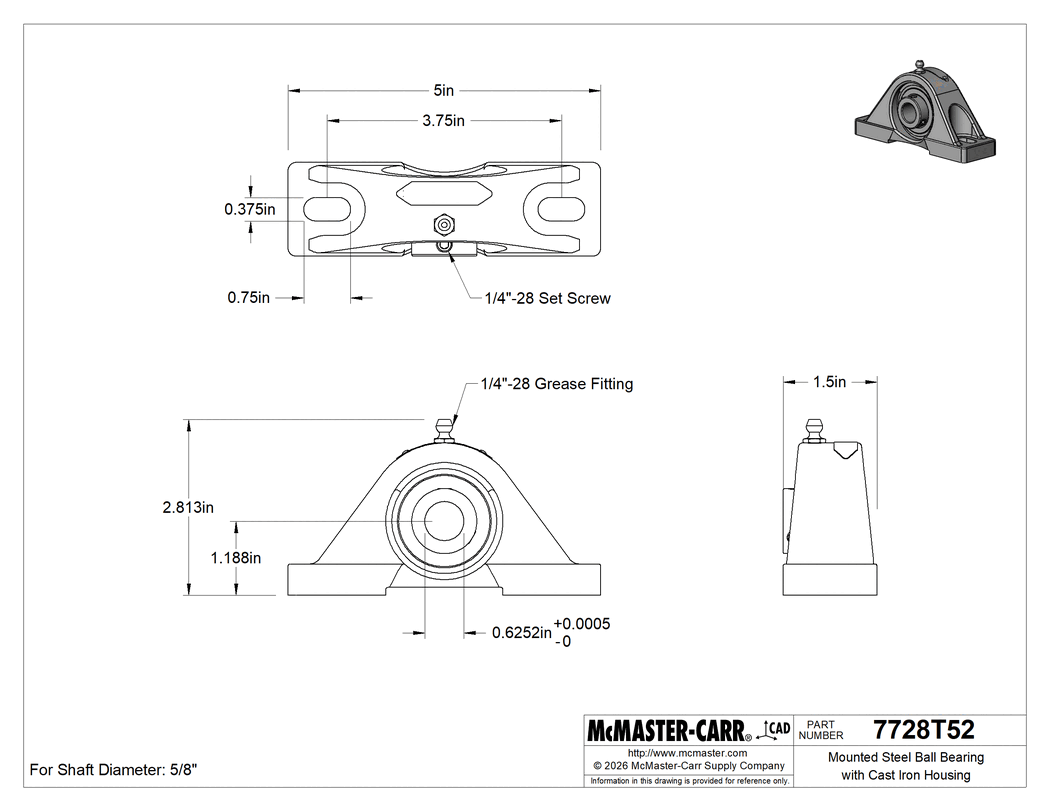 Technical Drawing of Mounted Steel Ball Bearing with Cast Iron Housing, for 5/8" Shaft Diameter, with Set Screw.